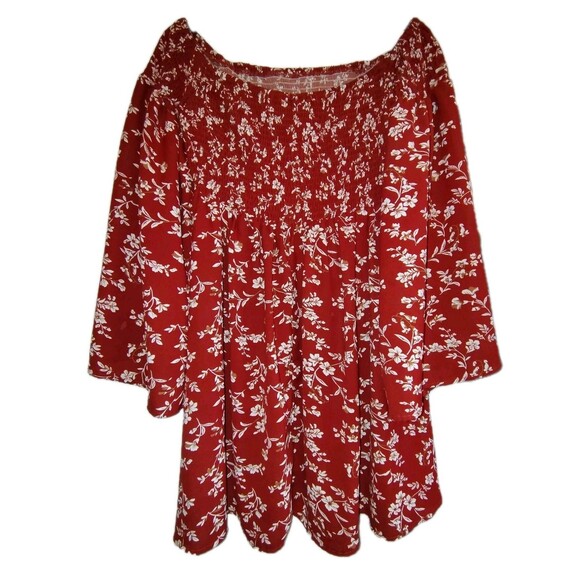 SHEIN Dresses & Skirts - Floral Smocked Off-The-Shoulder Mini Dress Rust Red Boho Bell Sleeve Tunic -...